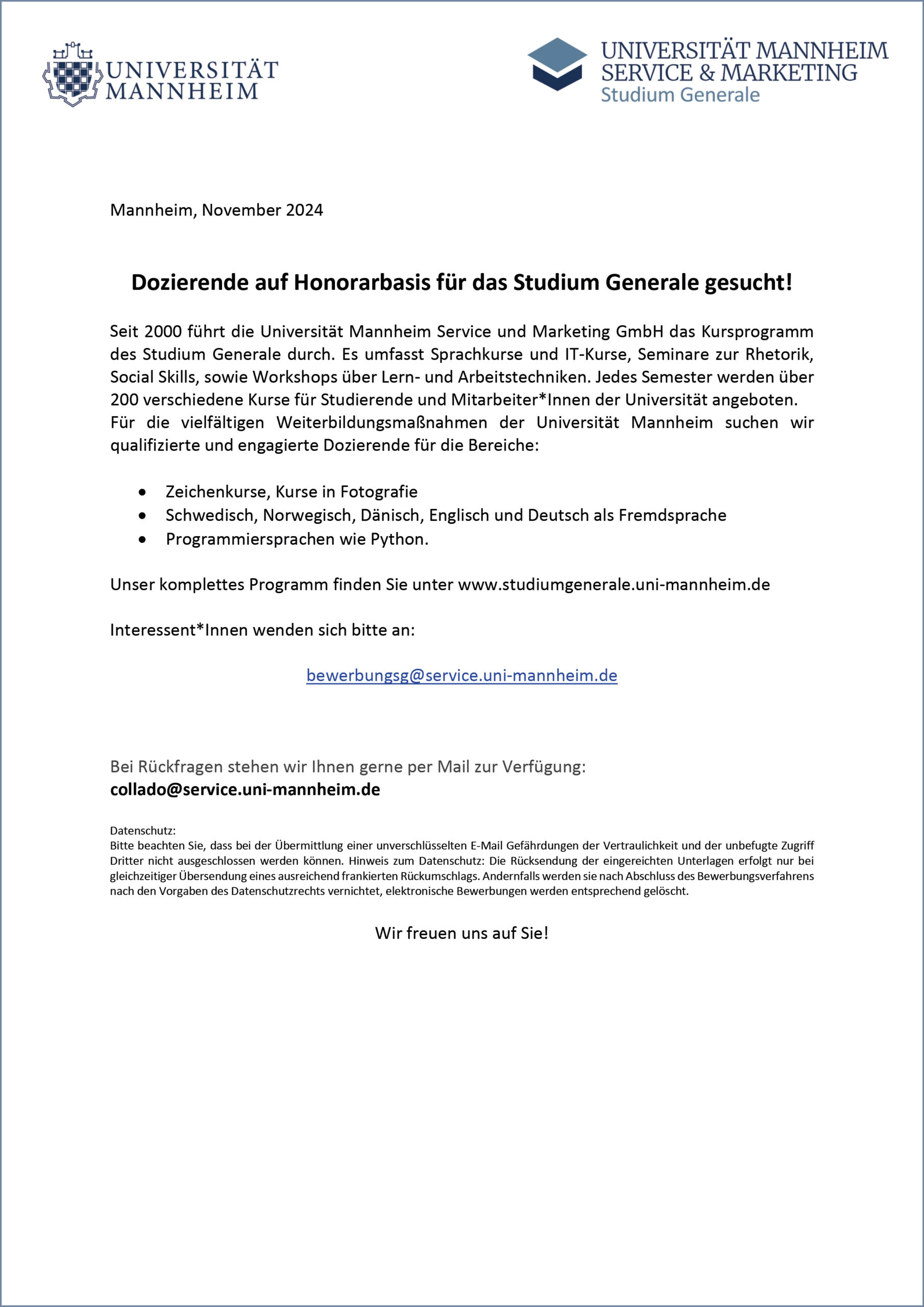 Dozierende fr das Studium Generale gesucht! - Studium Generale